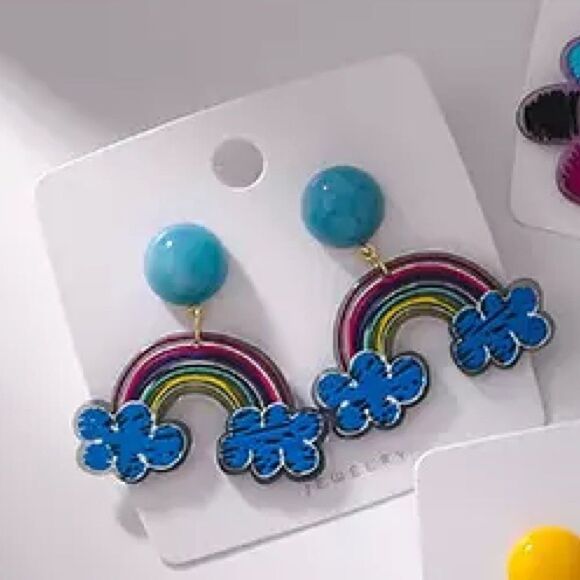 Rainbow Playful Acrylic Drop Earrings Fun Colorful - Picture 3 of 6